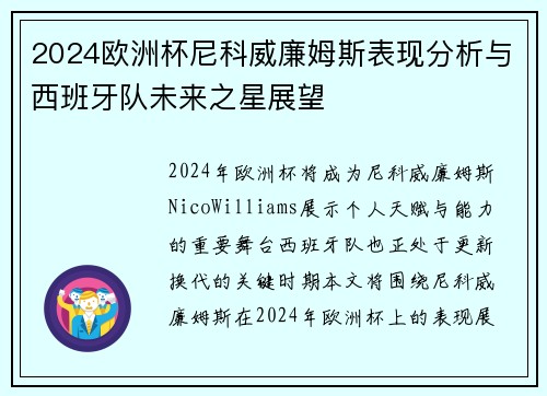 2024欧洲杯尼科威廉姆斯表现分析与西班牙队未来之星展望
